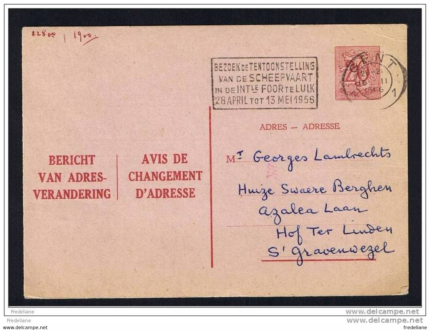 NEDERLANDS/FRANS NEERLANDAIS/FRANCAIS - 20CT - 1956 O - Adressenänderungen
