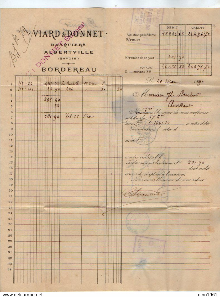 VP19.239 - 1890 - Lettre / Bordereau - VIARD & DONNET Banquiers à ALBERVILLE ( Savoie ) Pour ARVILLARD - Banque & Assurance