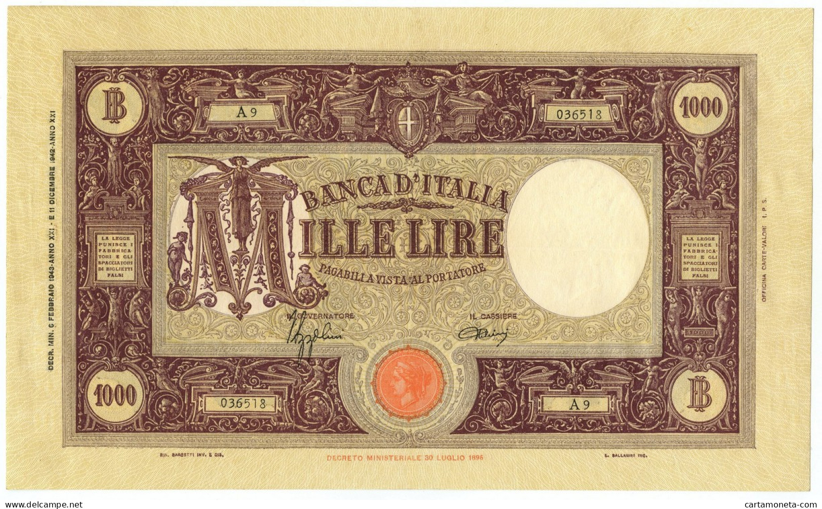 1000 LIRE BARBETTI GRANDE M TESTINA FASCIO II TIPO 06/02/1943 QSPL - Regno D'Italia – Other