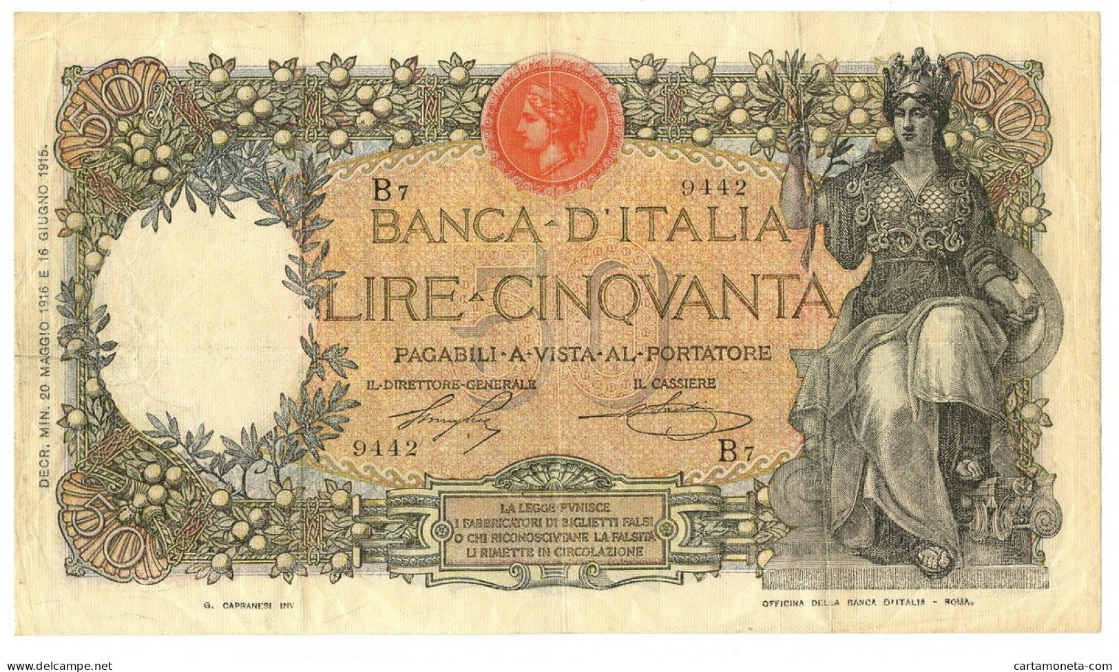 50 LIRE CAPRANESI BUOI TESTINA DECRETO 20/05/1916 BB/BB+ - Regno D'Italia – Other