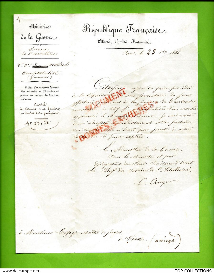 MINISTERE DE LA GUERRE PARIS ARTILLERIE 1848 DEMANDE COMPTABLE à ESPY Maitre DE FORGES FOIX T.B.E V.SCANS - Documents Historiques