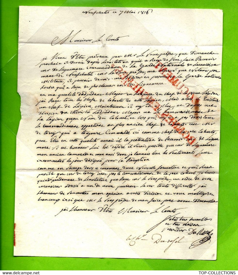 LETTRE GARDE NATIONALE 1816 ARRONDISSEMENT DE NEUFCHATEL Sur Bray Seine Inférieure T.B.E V.DECSRIPT.+SCANS ANNEE 1816 - Historische Dokumente