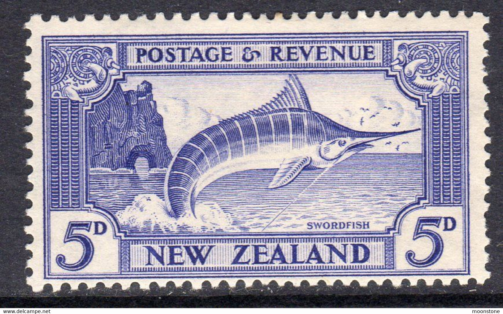 New Zealand GV 1936-42 5d Marlin Definitive, Wmk. Multiple NZ & Star, P. 14x13½, Hinged Mint, SG 584c (A) - Unused Stamps