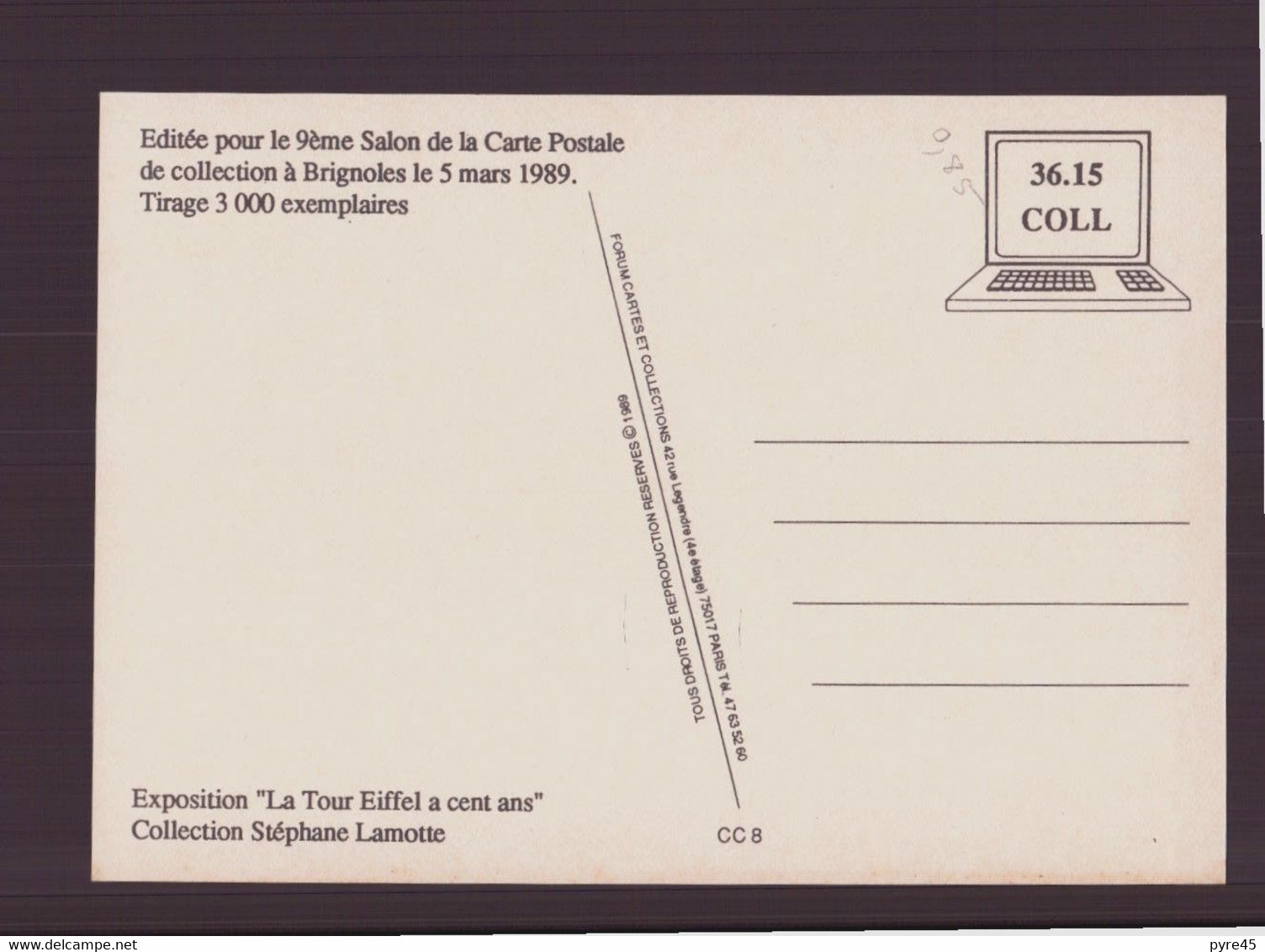 " La Tour Eiffel A Cent Ans " Salon De La Carte Postale De Collection à Brignoles Du 5 Mars 1989 - Beursen Voor Verzamellars