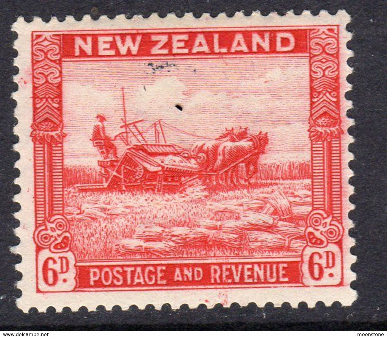 New Zealand GV 1936-42 6d Harvesting Definitive, Wmk. Multiple NZ & Star, P. 13½x14, Lightly Hinged Mint, SG 585 (A) - Unused Stamps