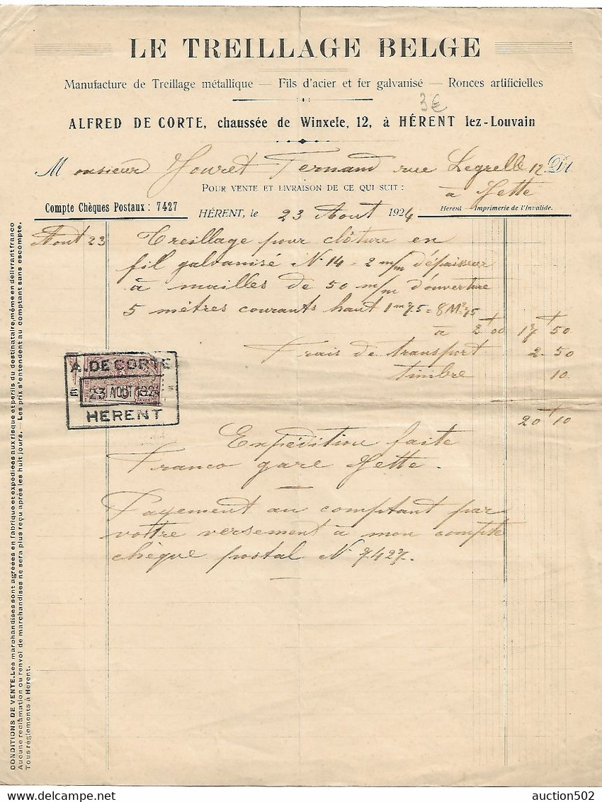 F39/ Facture De 20,10 F De Alfred De Corte "LE TREILLAGE BELGE"  Hérent 1924 "Hérent-Lez-Louvain" > Jette TP Fiscal 0,10 - 1900 – 1949