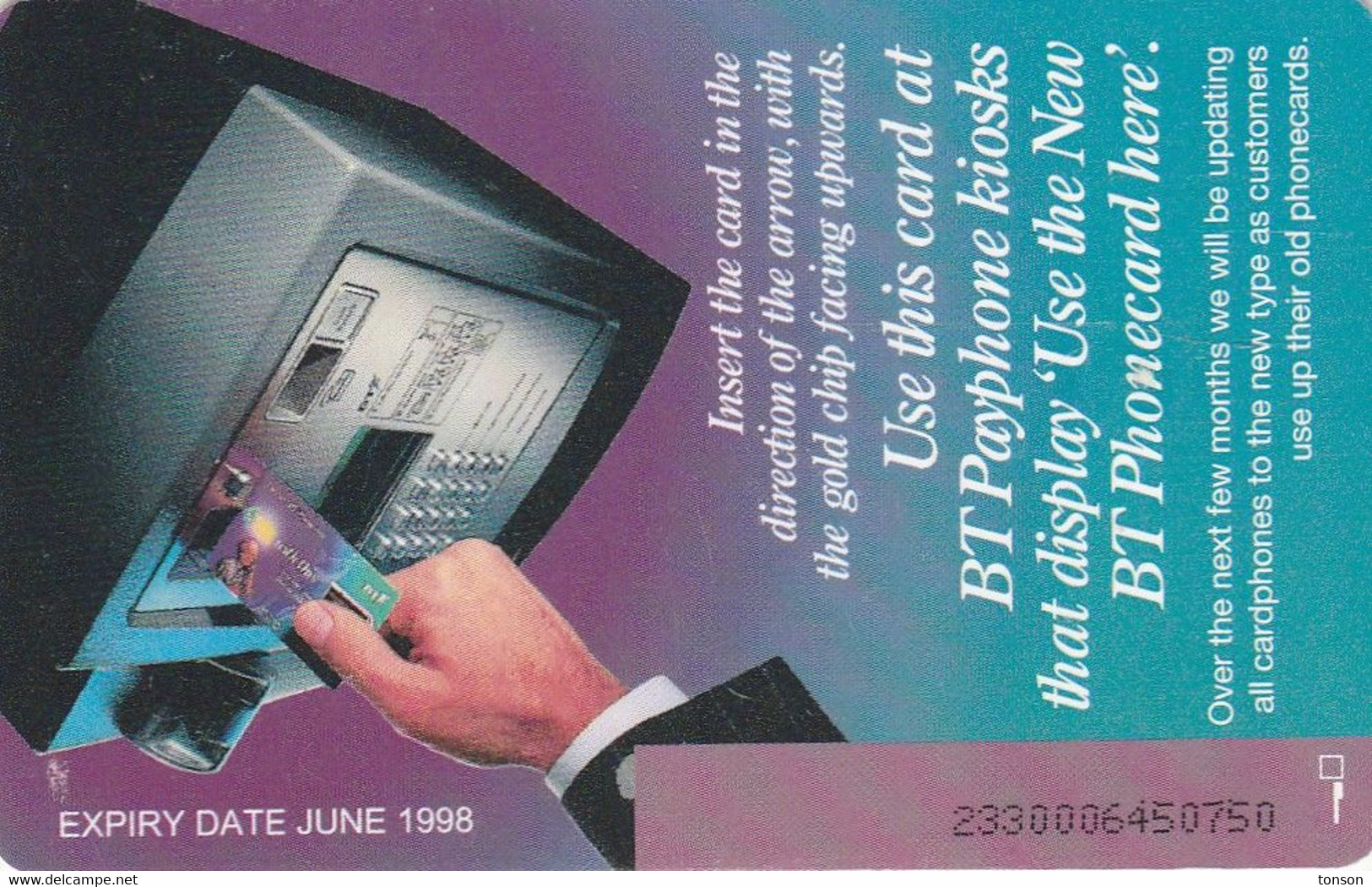 UK, BCC-004A, First National Issue "with This..." - Purple, 2 Scans.   Chip :  GEM2 (Black/Grey)   Expiry : June 1998 - BT Generales