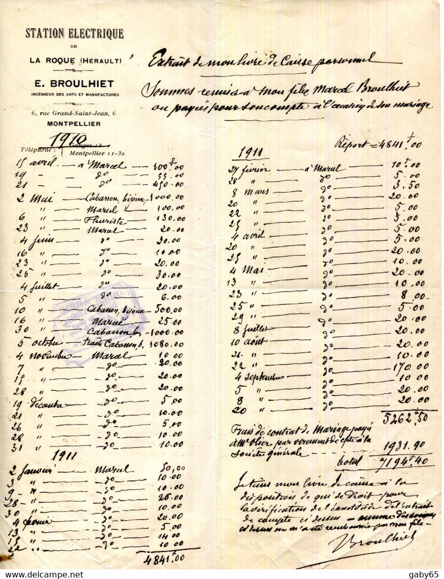 FACTURE.34.HERAULT.STATION ELECTRIQUE DE LA ROQUE.E.BROULHET INGENIEUR DES ARTS ET MANUFACTURES. - Electricity & Gas
