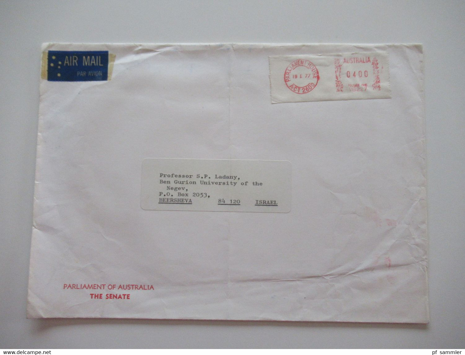 Australien 1977 Air Mail Nach Israel Umschlag Parliament Of Australia The Senate Postage Paid Parliament House ACT 2600 - Brieven En Documenten