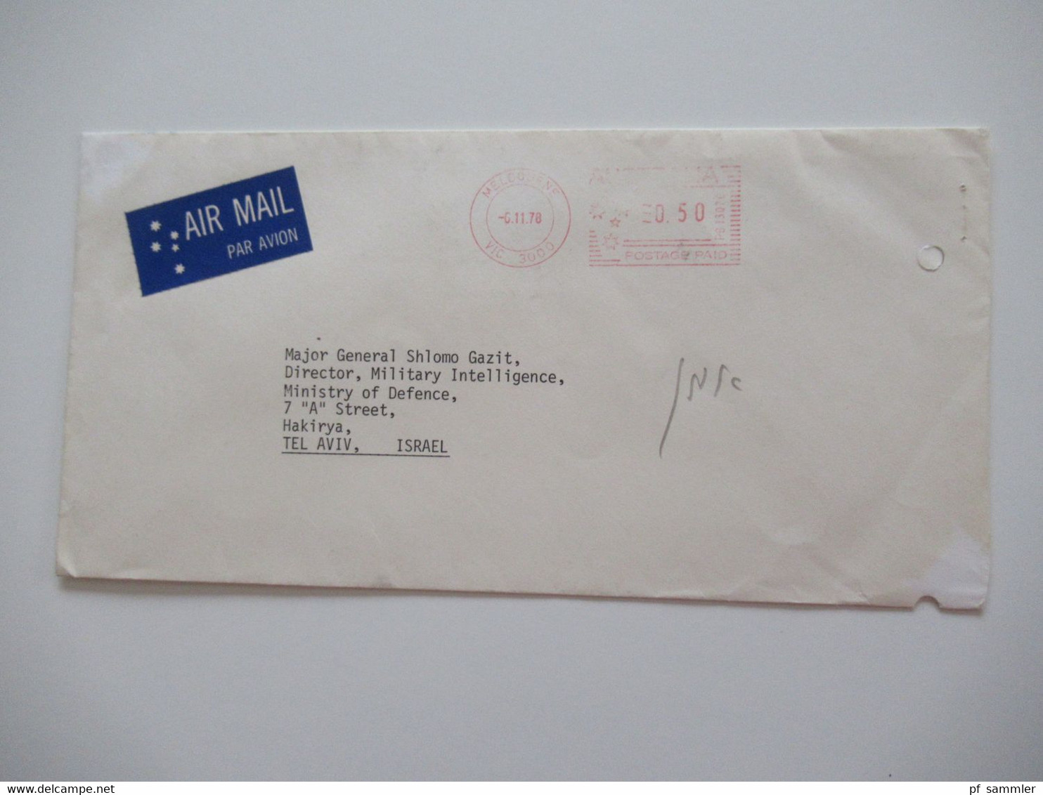 1978 Air Mail Nach Tel Aviv Major General Shlomo Gazit Director Military Intelligence Judaika Umschlag The Speaker - Storia Postale