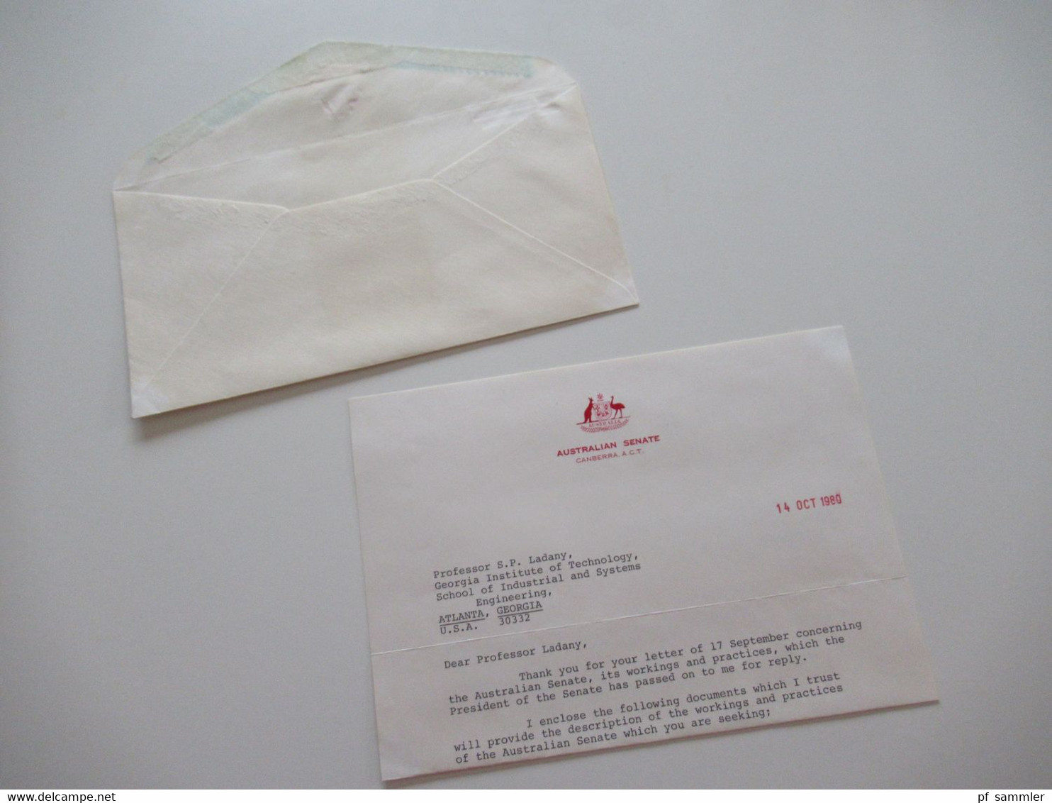 1980 Umschlag Australian Senate (Regierung) Mit Inhalt U. Original Unterschrift K.O. Bradshaw Acting Clerk Of The Senate - Briefe U. Dokumente