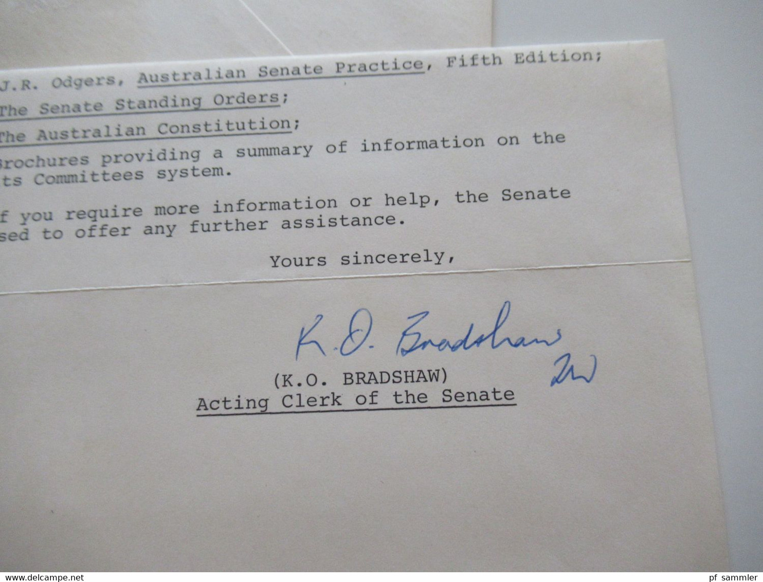 1980 Umschlag Australian Senate (Regierung) Mit Inhalt U. Original Unterschrift K.O. Bradshaw Acting Clerk Of The Senate - Storia Postale