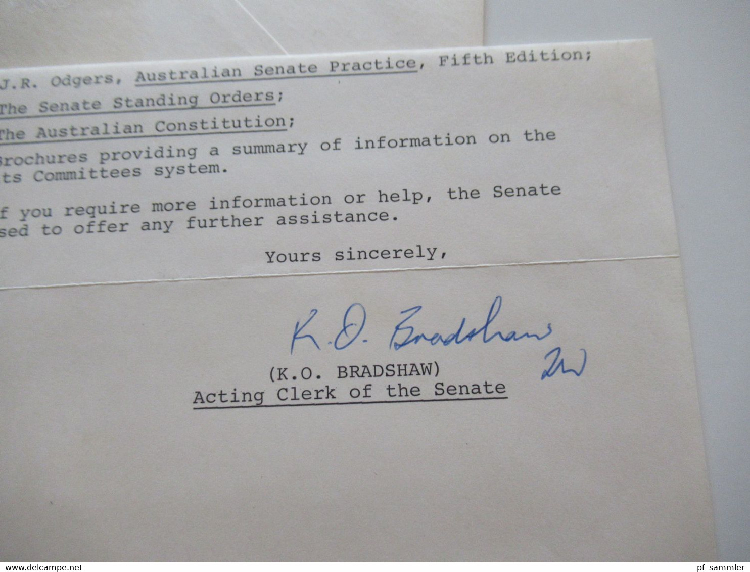 1980 Umschlag Australian Senate (Regierung) Mit Inhalt U. Original Unterschrift K.O. Bradshaw Acting Clerk Of The Senate - Cartas & Documentos