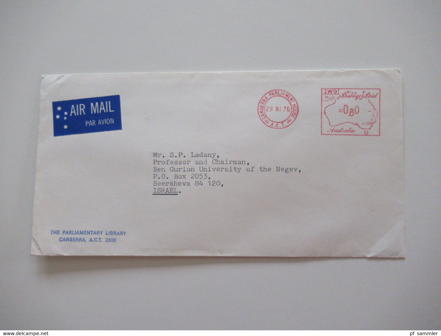 1976 Air Mail Nach Israel Freistempel Canberra Parliament House IW 9 Postage Paid Umschlag The Parliament Library - Storia Postale