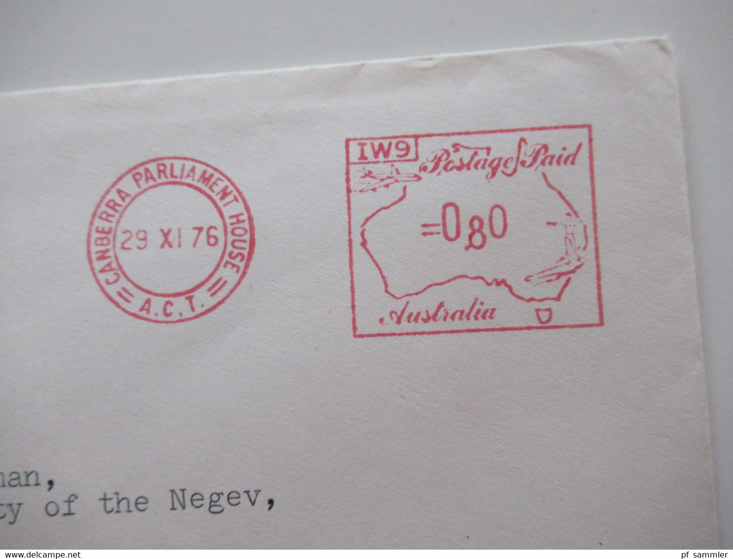 1976 Air Mail Nach Israel Freistempel Canberra Parliament House IW 9 Postage Paid Umschlag The Parliament Library - Storia Postale