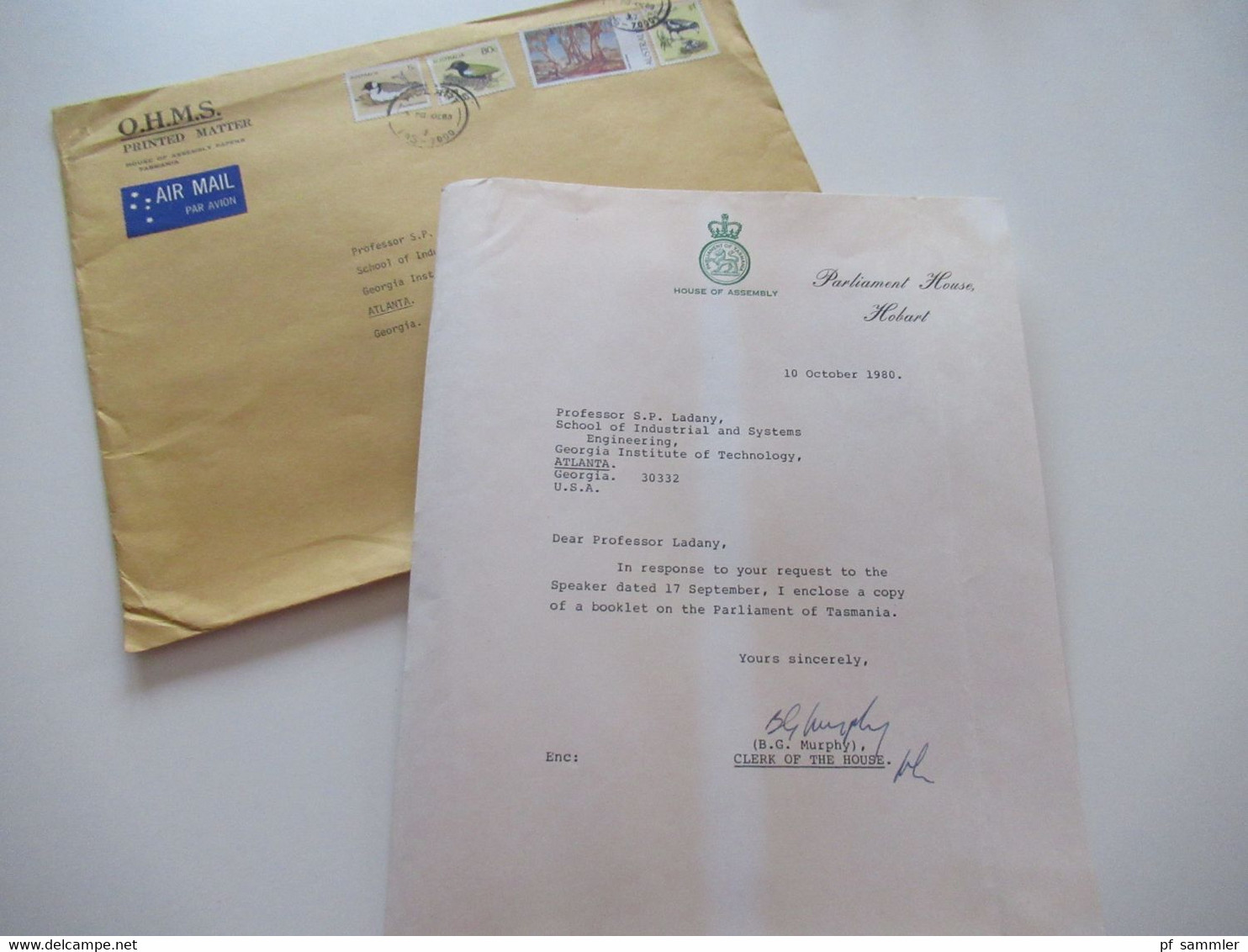 1980 Air Mail Nach Atlanta Umschlag OHMS Printed Matter House Of Assembly Papers Tasmania Inhalt Parliament House Hobart - Storia Postale