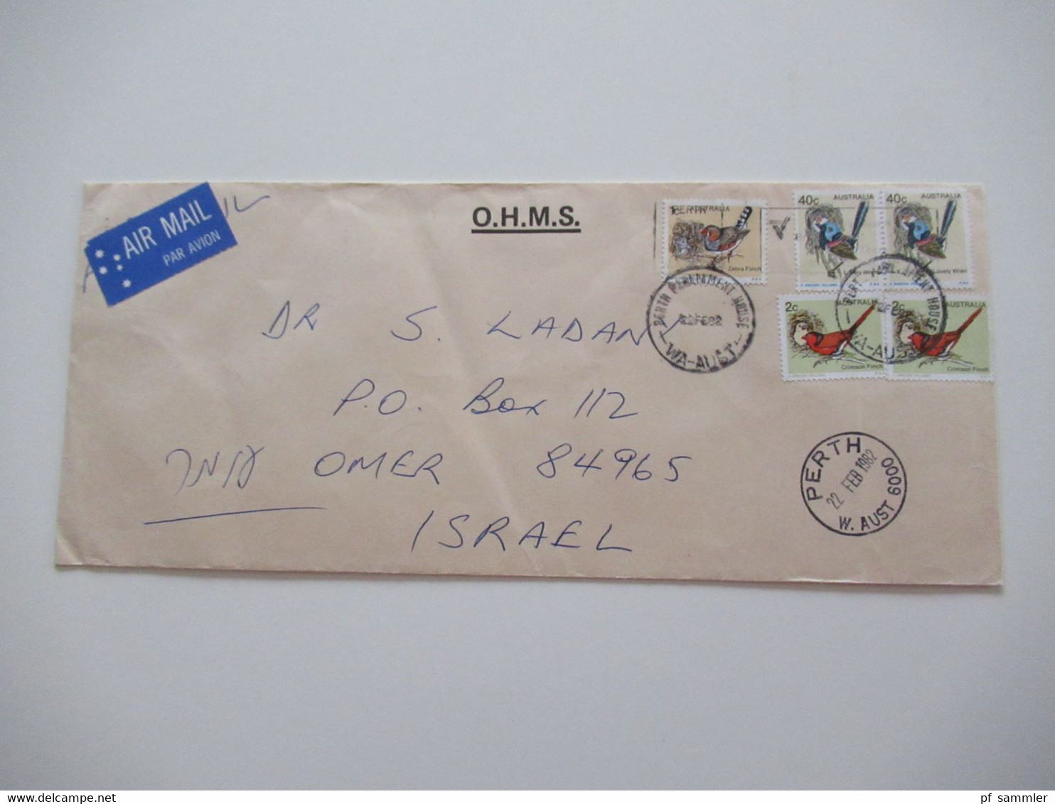 1982 Air Mail Nach Israel Umschlag OHMS Und Stempel Legislative Council Parliament House Perth W.A. - Briefe U. Dokumente