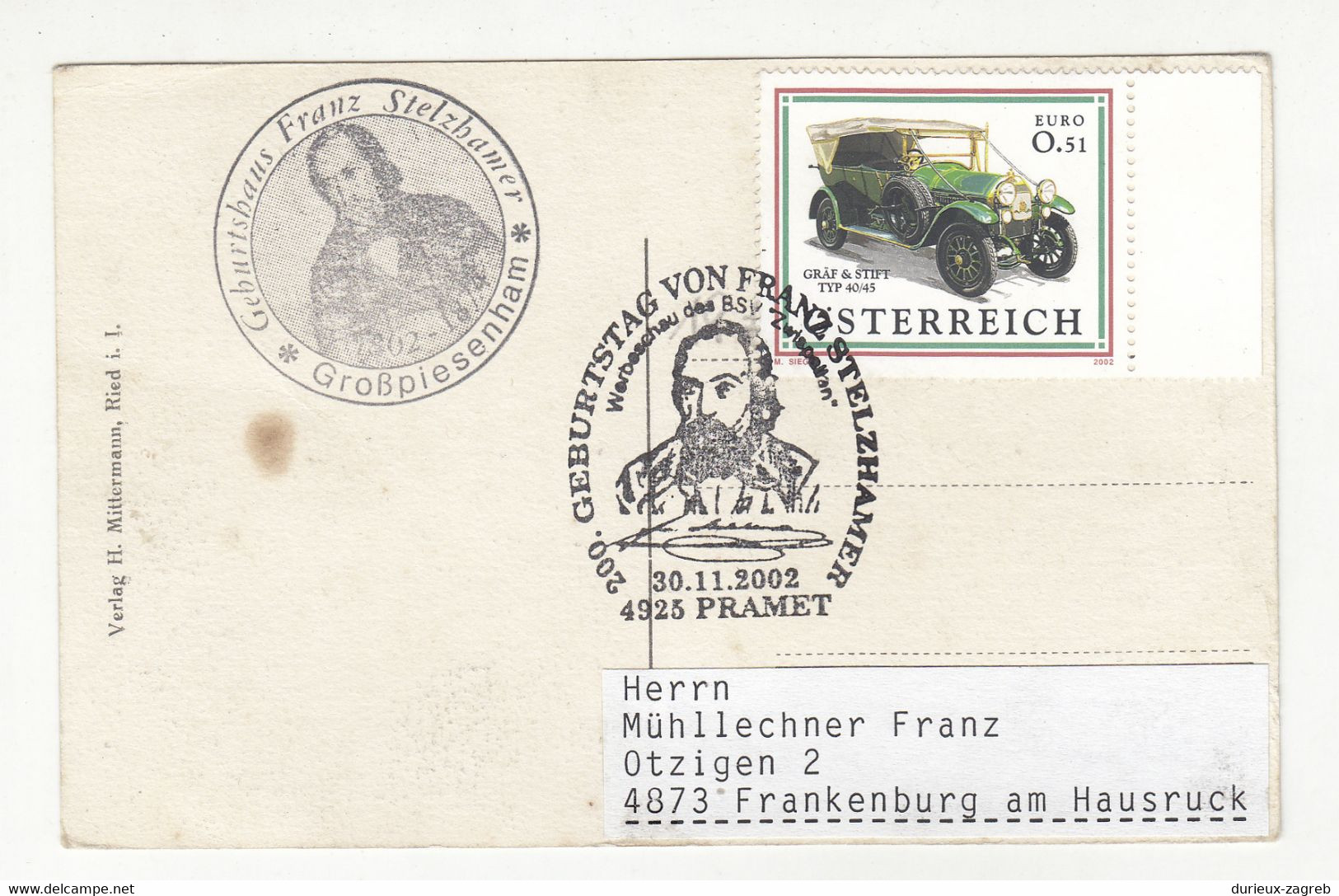 Pramet Old Postcard - Posted 2002 ! - Franz Stelzhamer Special Postmarks B220220 - Ried Im Innkreis