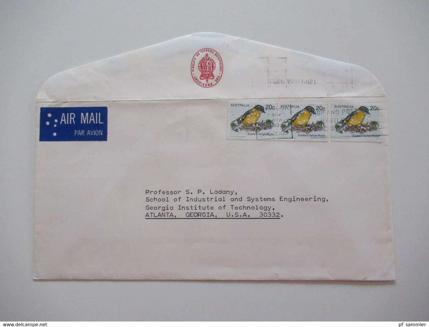 1980 Umschlag The President Legislative Council Of Victoria Marken Mit Lochung / Perfin VG Air Mail Nach Atlanta - Briefe U. Dokumente