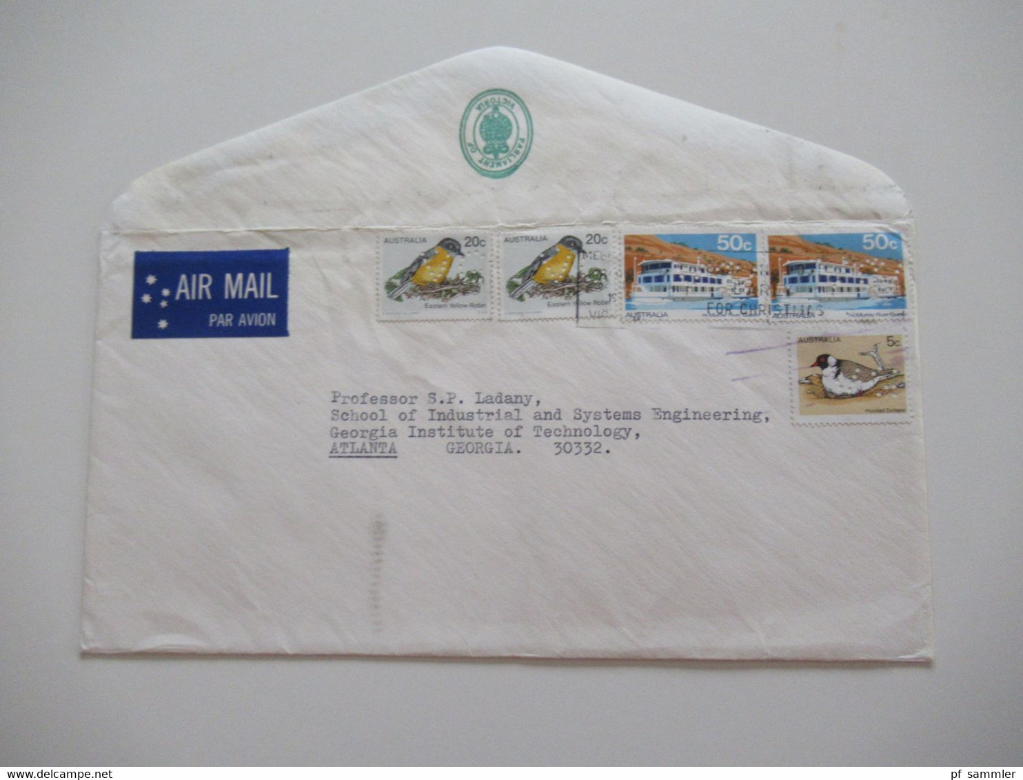 Australien Ca. 1982 Umschlag Parliament Of Victoria Marken Mit Lochung / Perfin VG Air Mail Nach Atlanta USA - Storia Postale