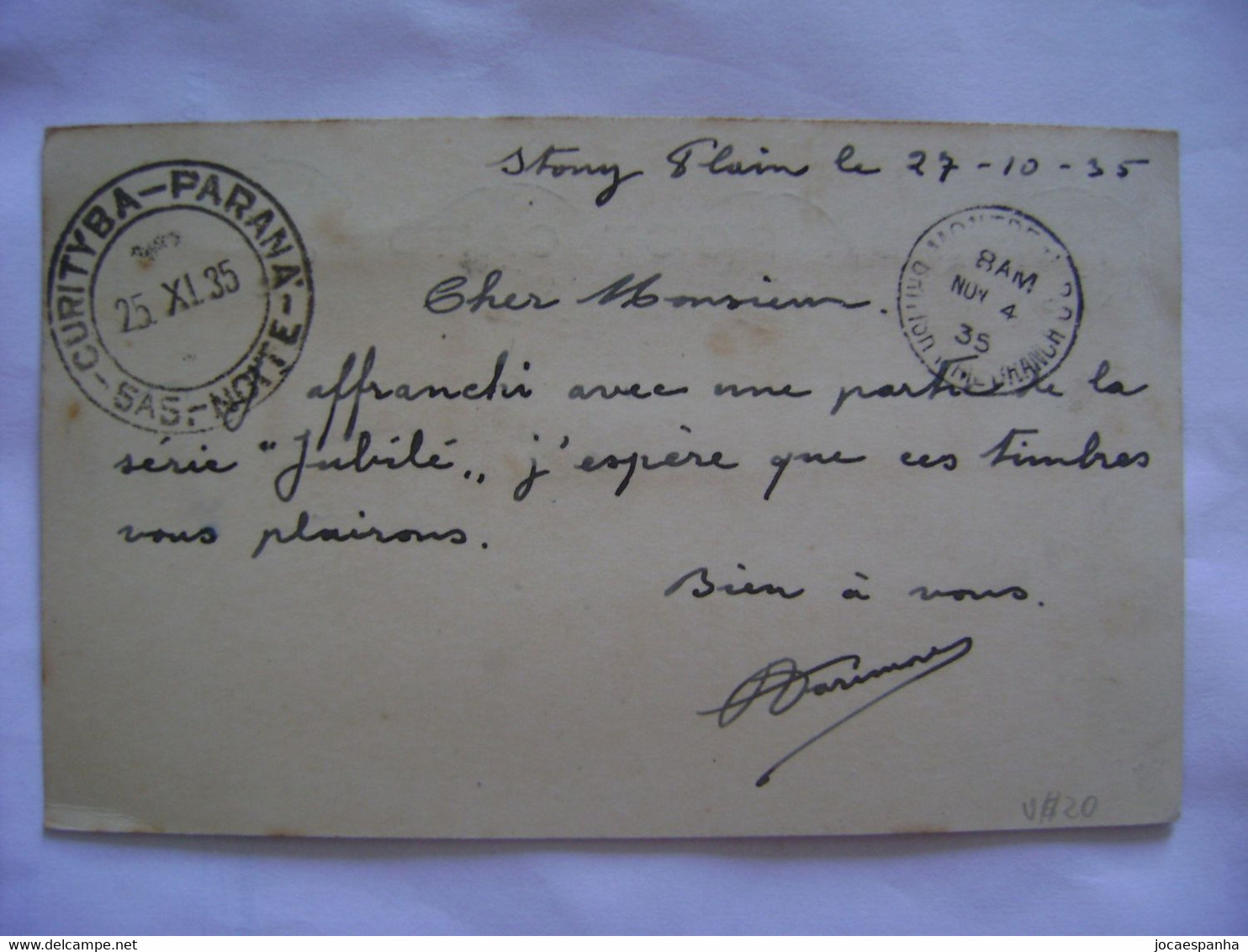 CANADA - POSTAL TICKET SENT FROM STONY PLAIN TO CURITIBA (BRAZIL) IN 1935 IN THE STATE - Autres & Non Classés