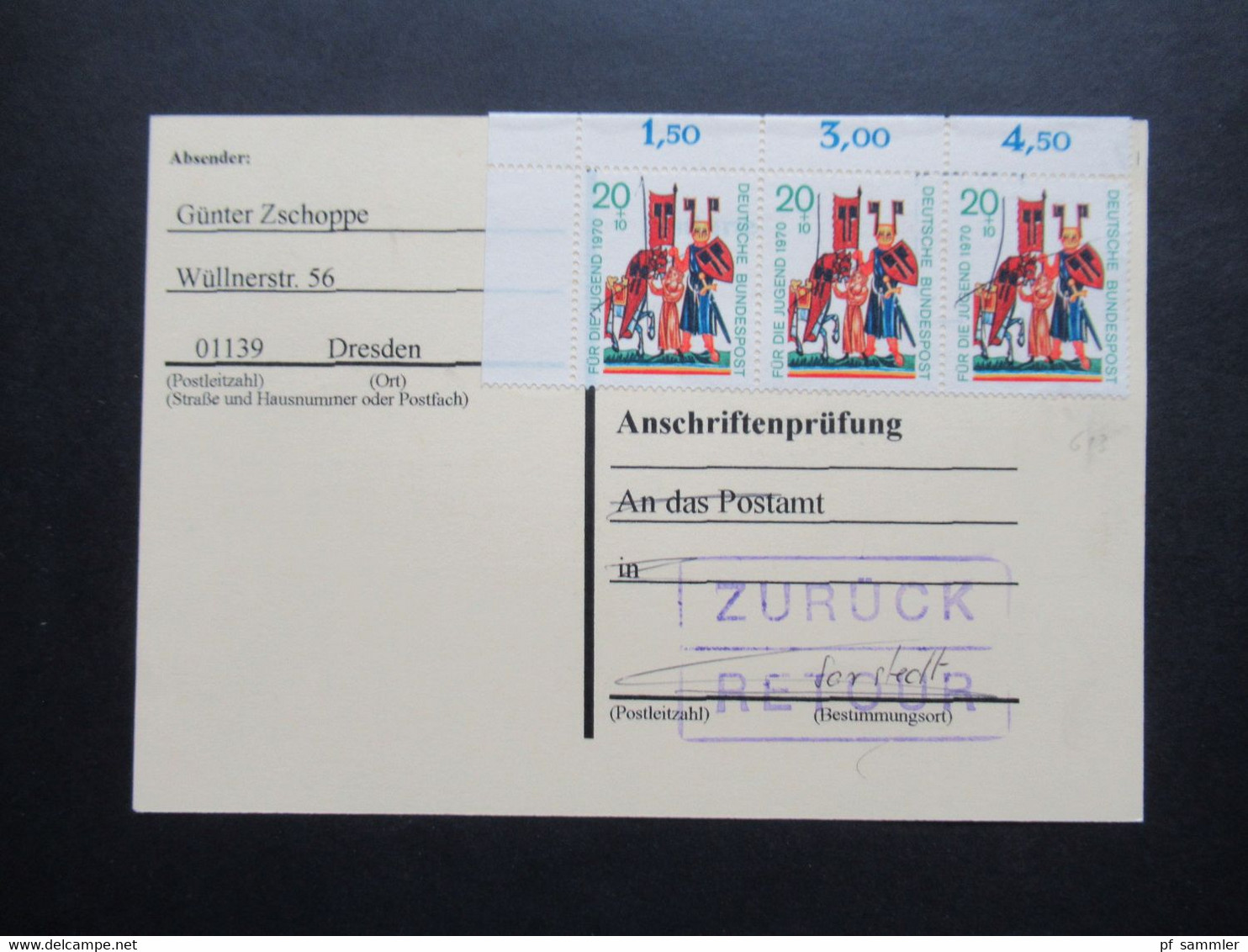 DDR Postkarte / Anschriftenprüfung Stempel Zurück Retour Dresden / Sarstedt - Cartas & Documentos