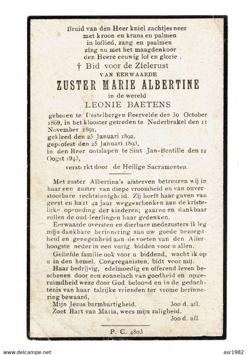 Doodsprentje 1943 Zuster Marie Albertine Destelbergen-Nederbrakel-Bentille : Leonie Baetens . - Religion & Esotericism