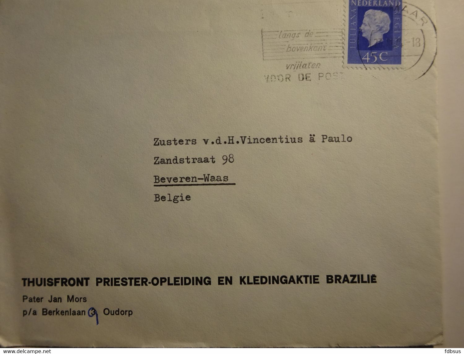 Enveloppe Van THUISFRONT PRIESTER OPLEIDING EN KLEDINGAKTIE BRAZILIE Oudorp Naar Beveren Waas - Non Classés