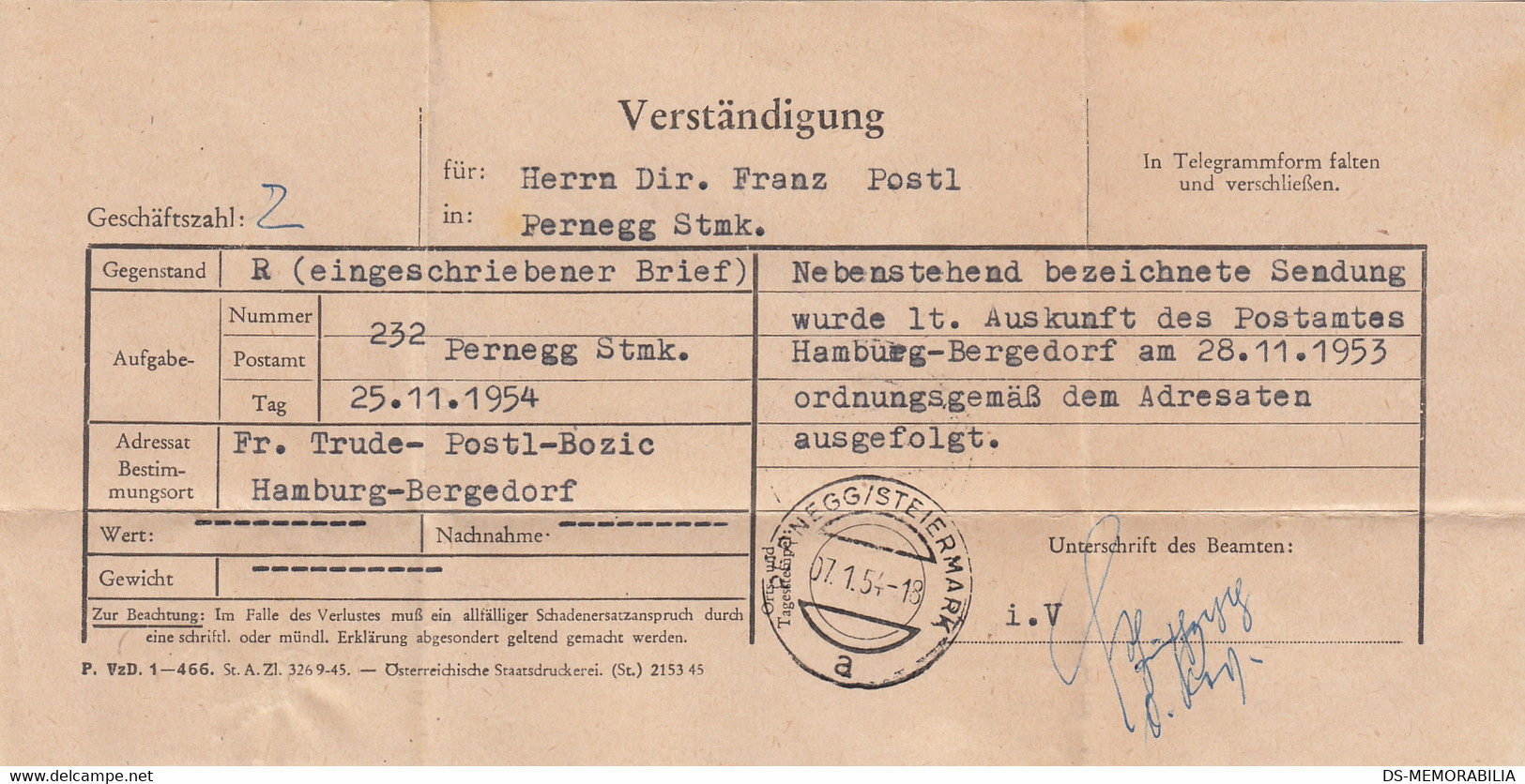 Austria 1954 Telegramm Verstandigung , Pernegg Steiermark - Telegrafo