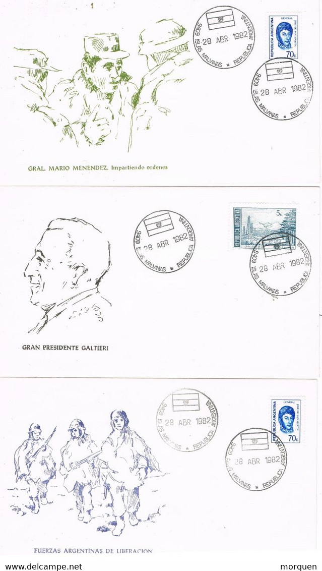 43786. Lote Tres Cartas ISLAS MALVINAS 1982. FANTASIA, Reivindicacion Islas, Souvenir No Emitido. - Brieven En Documenten