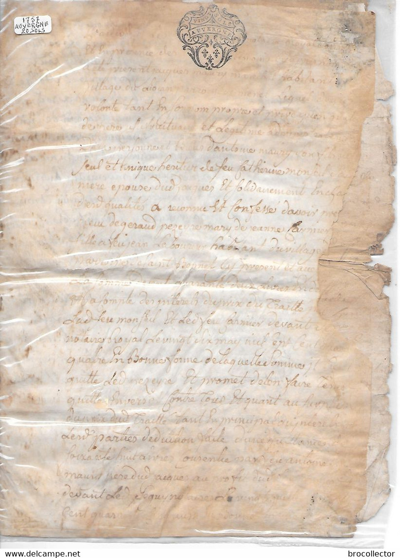 Généralité D'AUVERGNE De 1757  - 20 Sol - 3 Feuilles Et Demie - Cachets Généralité