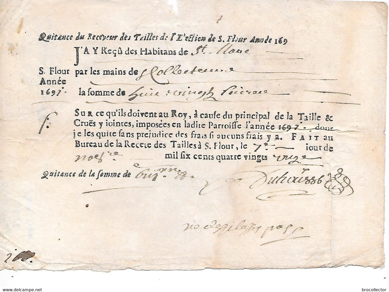 SAINT FLOUR  ( 15 ) - Receveur De La TAILLE De 1697 - Cachets Généralité