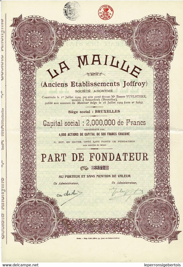 Titre De 1924 - La Maille - Anciens Etablissements Jofroy - - Textile