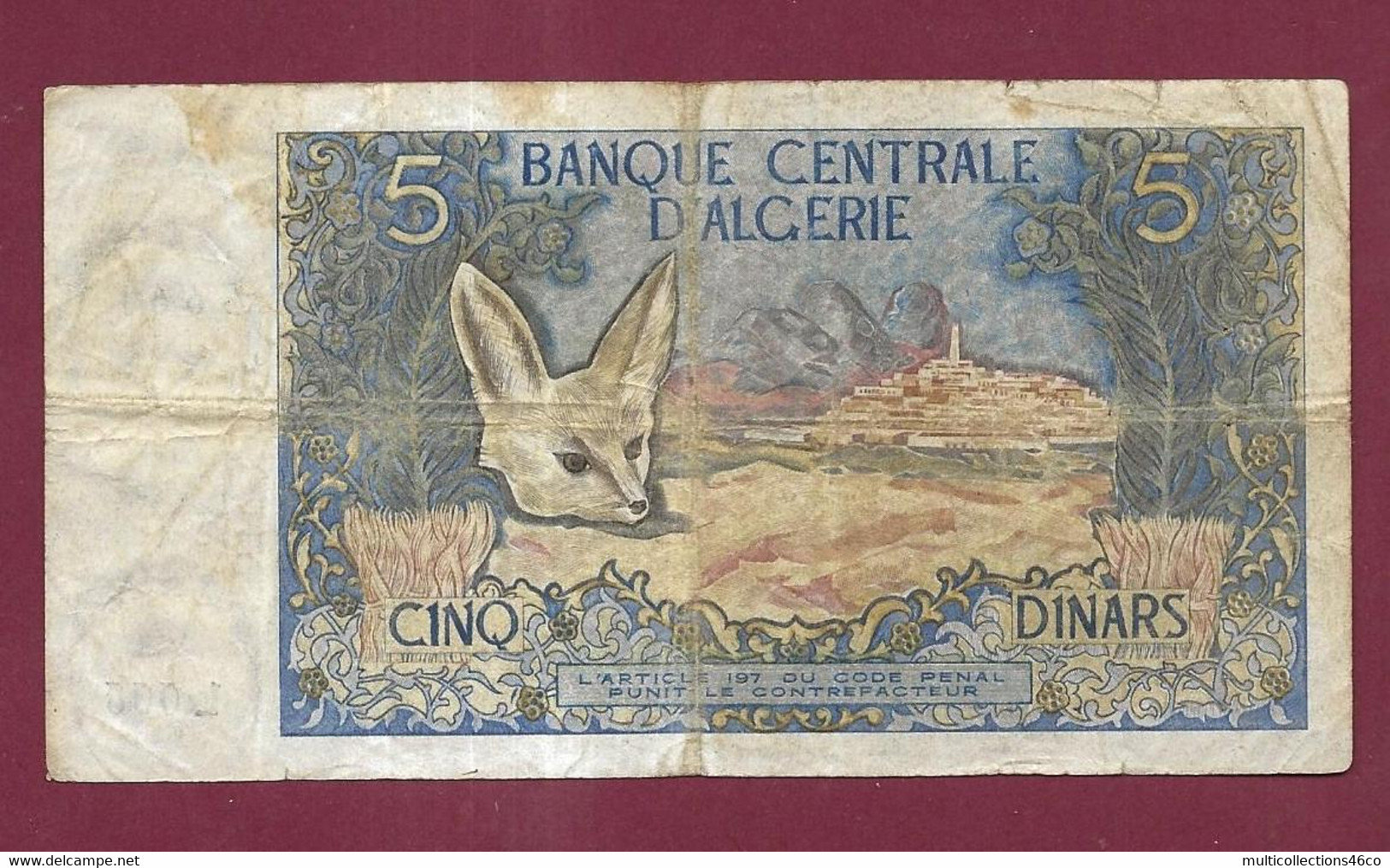 160222 - Billet BANQUE CENTRALE D'ALGERIE 5 CINQ DINARS  1-11 1970 - Mauvais - Algeria