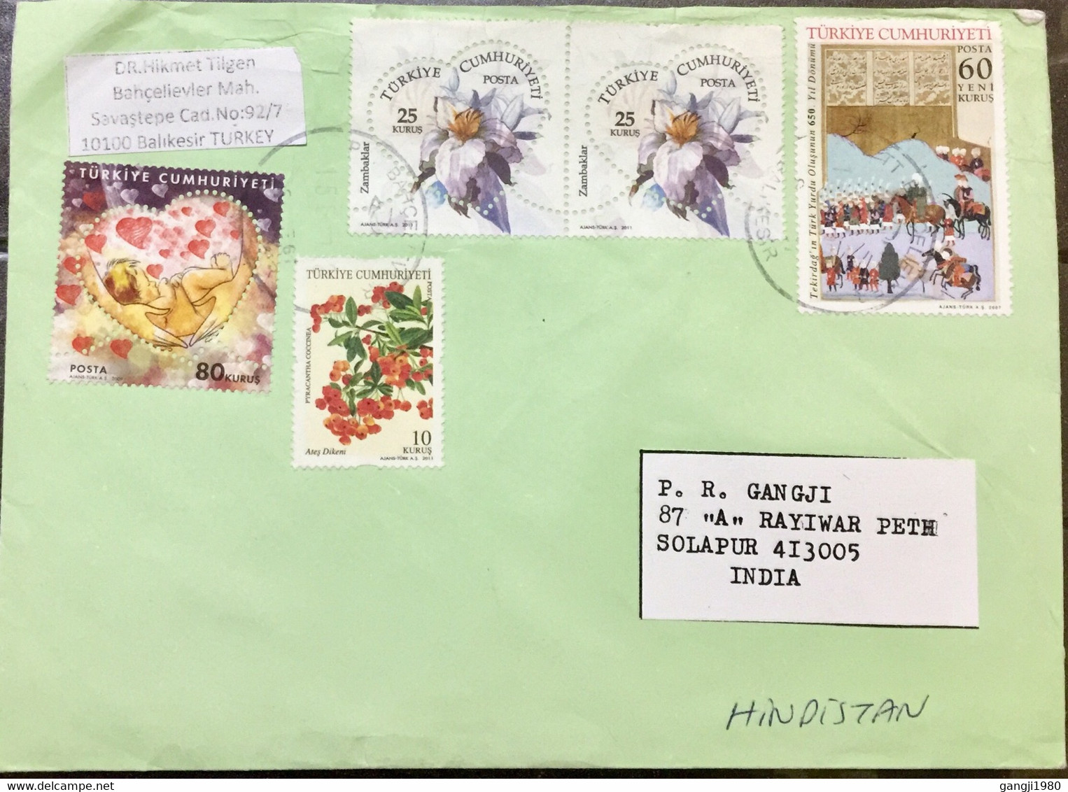 TURKEY 2011, COVER 5 STAMPS USED TO INDIA BALIKESIR CANCELLATION,ODD SHAPED FLOWER,CHILDREN PLANTS ,EMPEROR CEREMONY! - 1934-39 Sandjak Alexandrette & Hatay