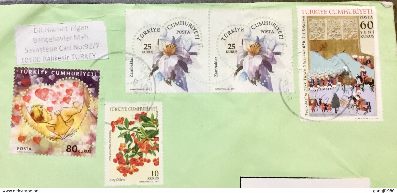 TURKEY 2011, COVER 5 STAMPS USED TO INDIA BALIKESIR CANCELLATION,ODD SHAPED FLOWER,CHILDREN PLANTS ,EMPEROR CEREMONY! - 1934-39 Sandschak Alexandrette & Hatay