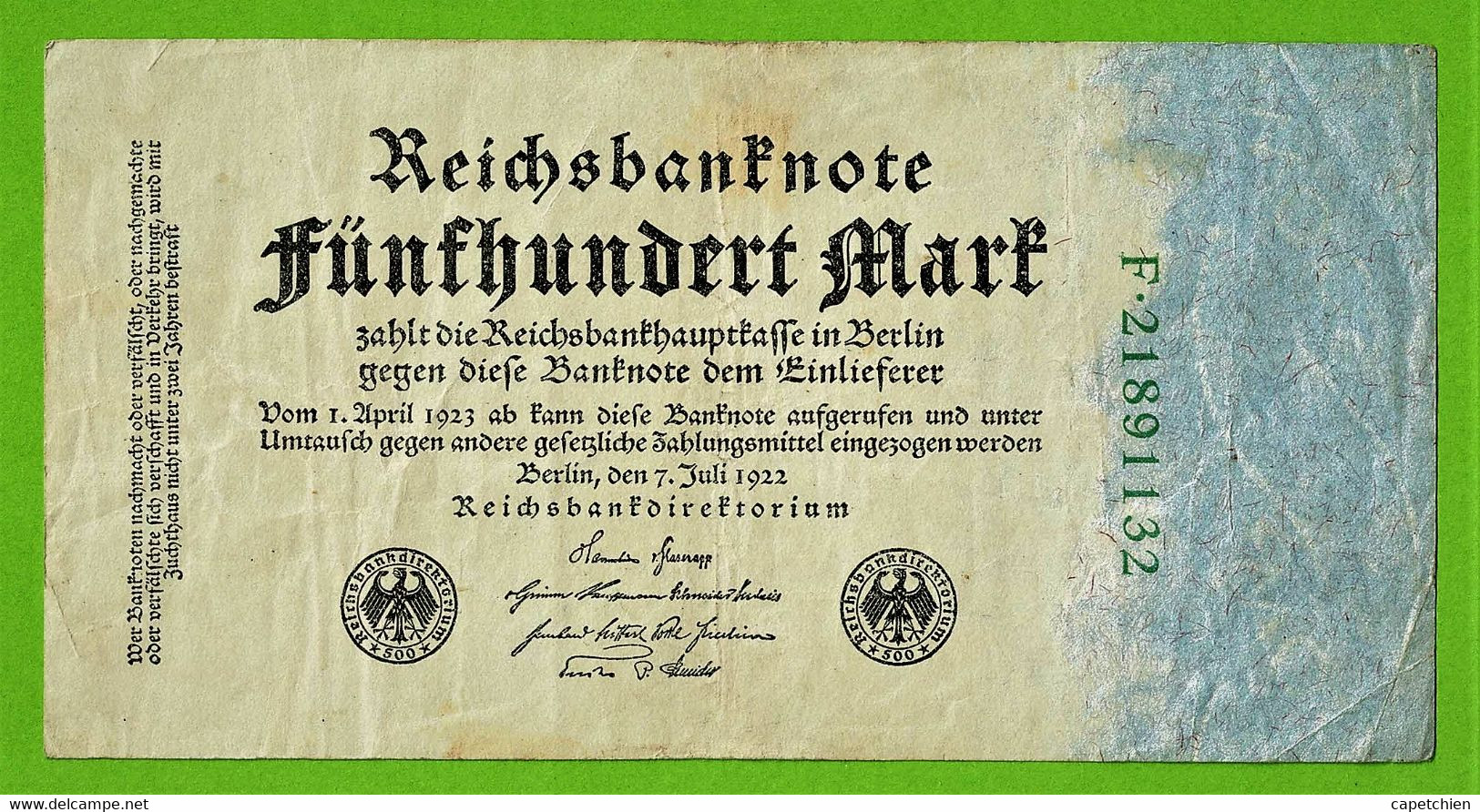 ALLEMAGNE / 100 MARK / REICHSBANKNOTE / 07 - 07 - 1922 / F. 21891132 /  Ros.71 - 500 Mark