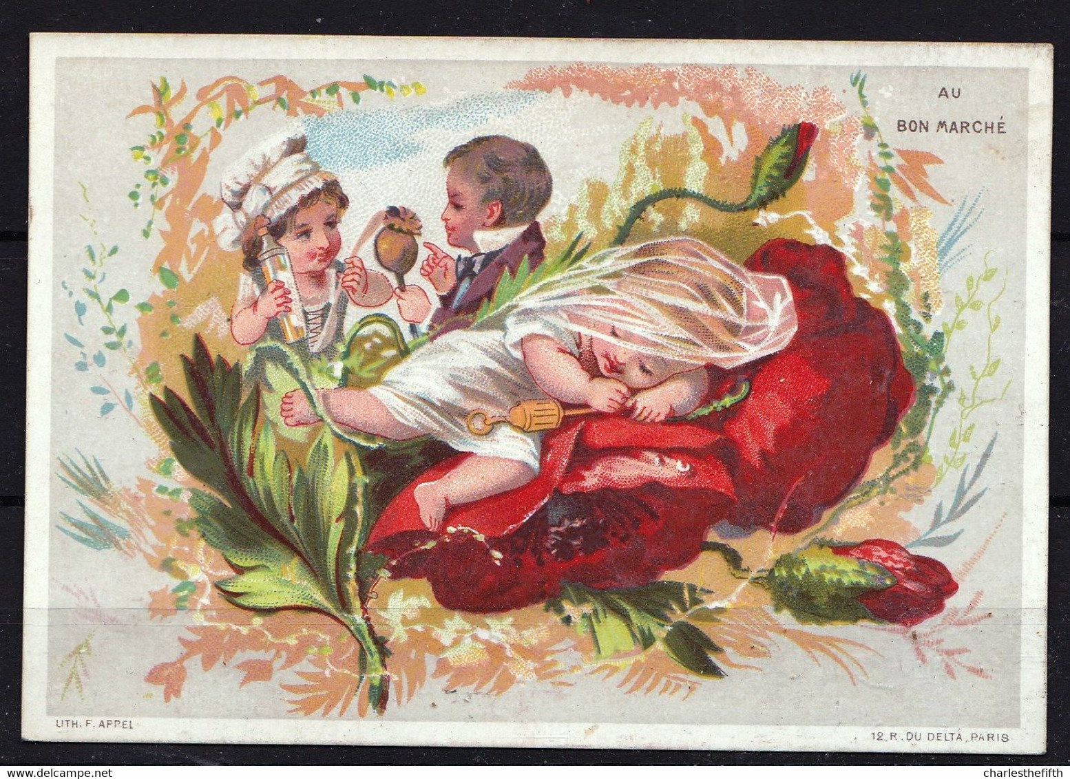 CHROMO LITHO  ! AU BON MARCHE * FILLE ESSAIE DE SEDUIRE GARCON AVEC DE L'ALCOOL Et COQUELICOT - AMBIGU - VOIR BEBE - Au Bon Marché