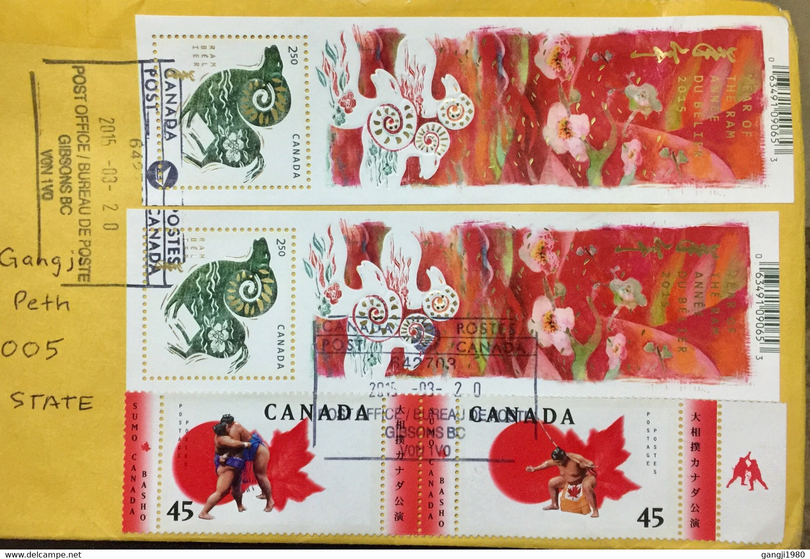 CANADA 2015, COVER USED TO INDIA, CHINESE NEW YEAR OF RAM 2 BLOC, MINIATURE SHEET, SE-TENANT JUDO, JAPAN WRESTLERS - Covers & Documents