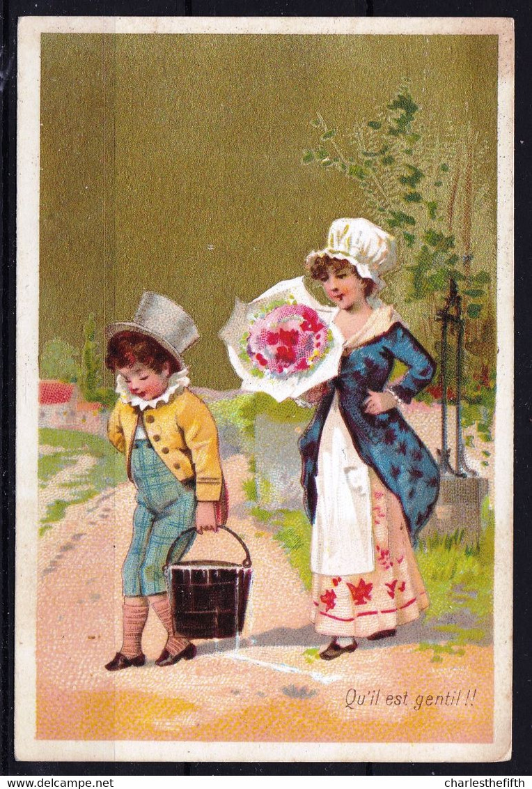 CHROMO LITHO Dorée  ! AU BON MARCHE * GARCON PORTEUR D'EAU TIMIDE OFFRE FLEURS A UNE FILLE * QU'IL EST GENTIL * - Au Bon Marché