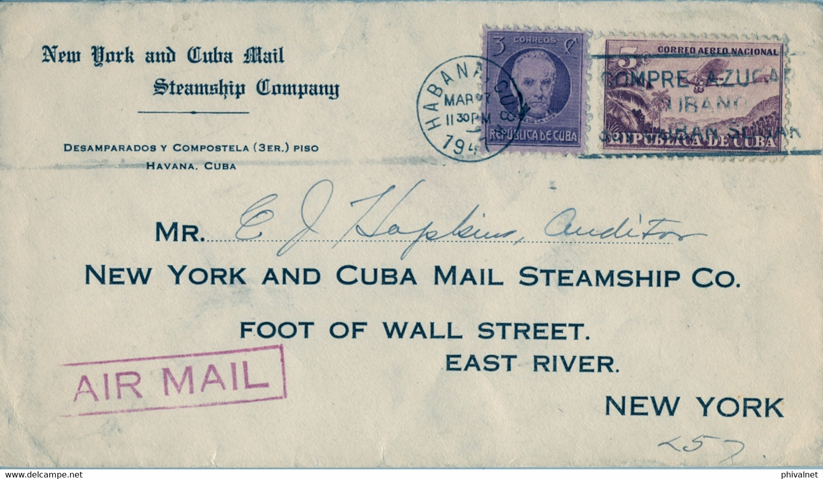 1947 CUBA , SOBRE CIRCULADO , LA HABANA - NEW YORK , MAIL STEAMSHIP COMPANY , CORREO AÉREO - Brieven En Documenten