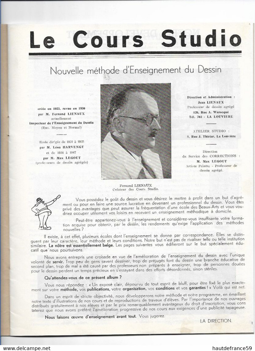 Nlle méthode d enseignement dessin COURS STUDIO  1948 Dr Liénaux La Louvière Belgique programme org .....croquis dessins