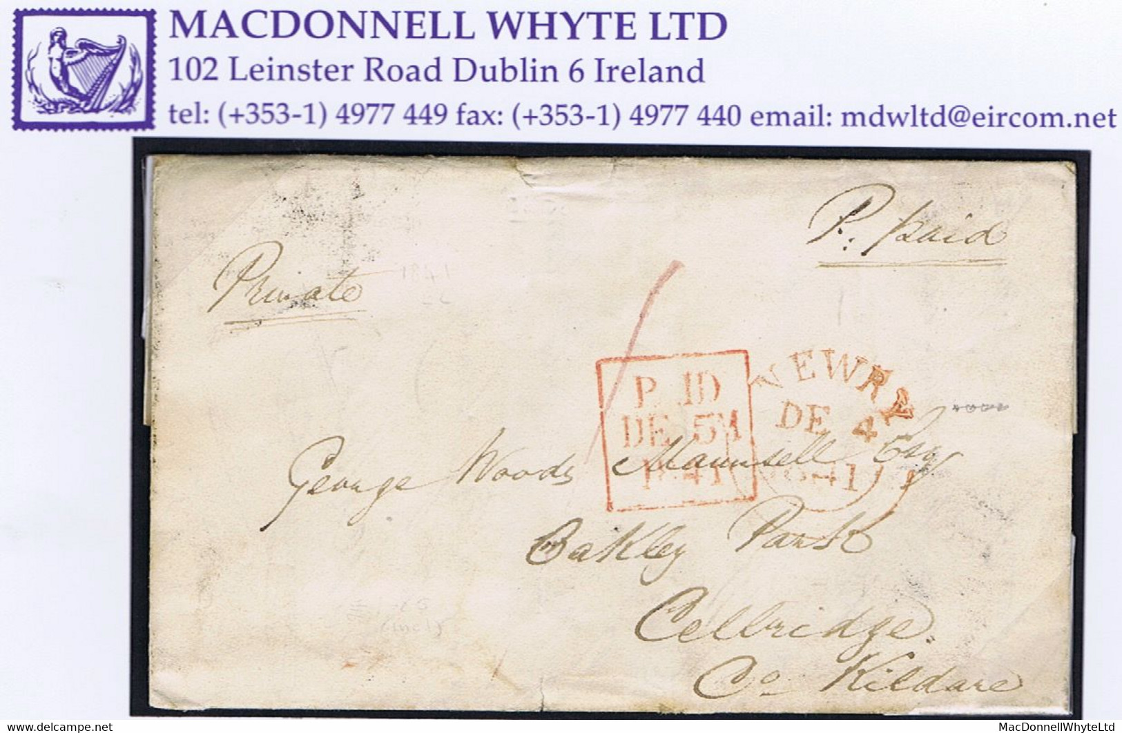 Ireland Down Uniform Penny Post Rate 1841 Letter To Celbridge Prepaid "1" With Red NEWRY DE 4 1841 Cds - Préphilatélie