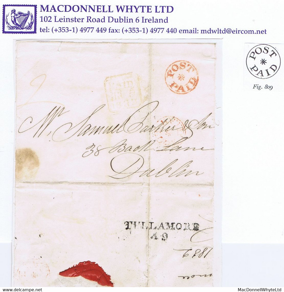 Ireland Offaly 1832 Distinctive Circular POST/*/PAID Of Tullamore On Part Cover To Dublin, TULLAMORE/49 Mileage Mark - Prephilately