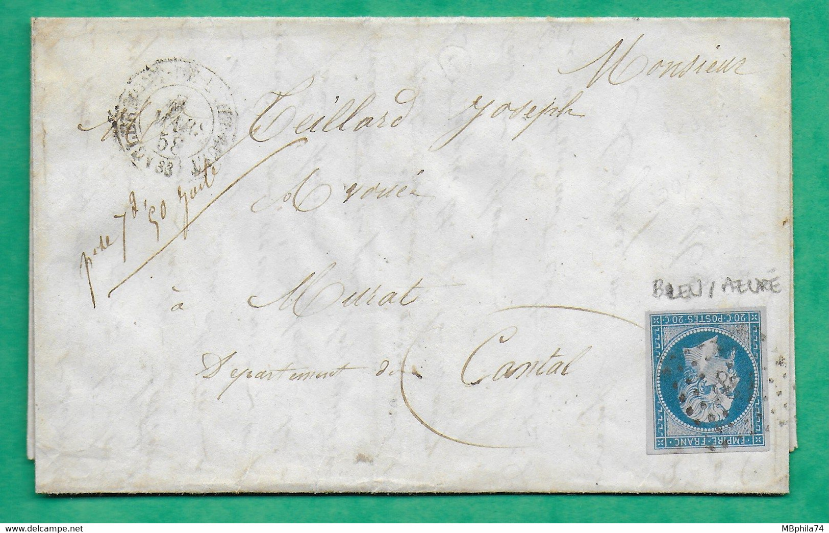 N°14 TTB BLEU SUR AZURE PC 883 CLERMONT DE L'HERAULT POUR MURAT CANTAL 1858 LETTRE COVER FRANCE - 1849-1876: Periodo Classico