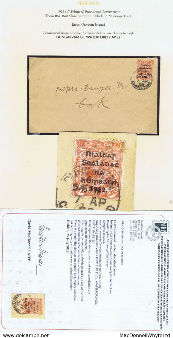 Ireland 1922 Thom Rialtas Black Ovpt 2d Orange Die 1 Error 'Overprint Inverted' Used On Commercial Cover Dungarvan To Co - Brieven En Documenten