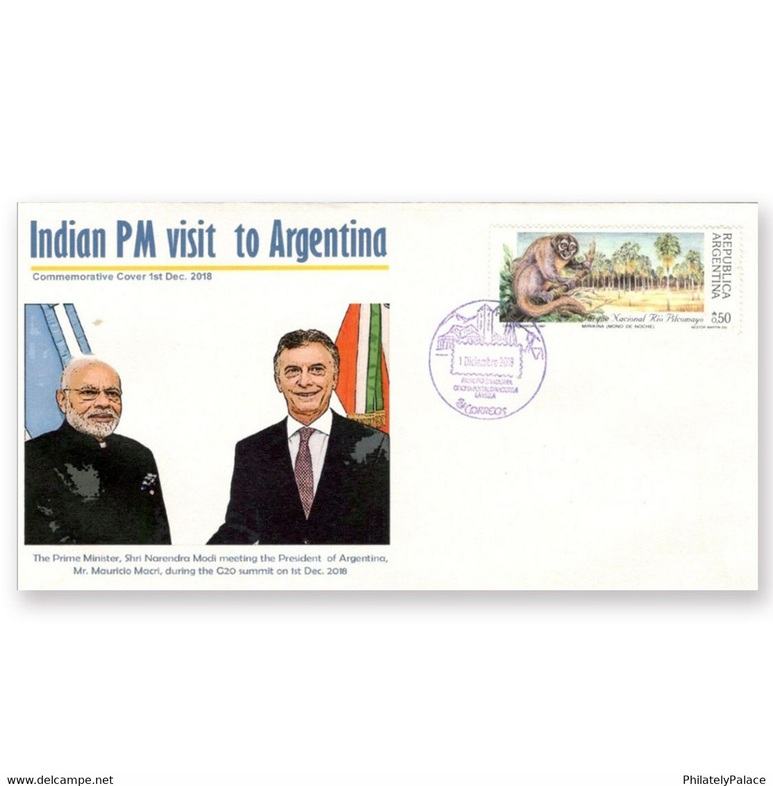 Argentina 2018 Prime Minister Narendra Modi India Visit To President Of Argentina, Mr. Mauricio Macri, G20 Cover(**) - Cartas & Documentos