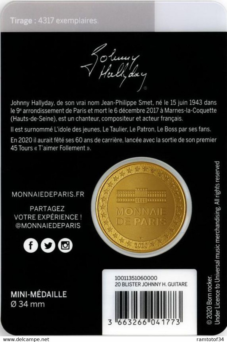 2020 MDP369 - PARIS - Hôtel De La Monnaie 58 - Johnny Hallyday 9 - (johnny Guitare) / MONNAIE DE PARIS - 2020