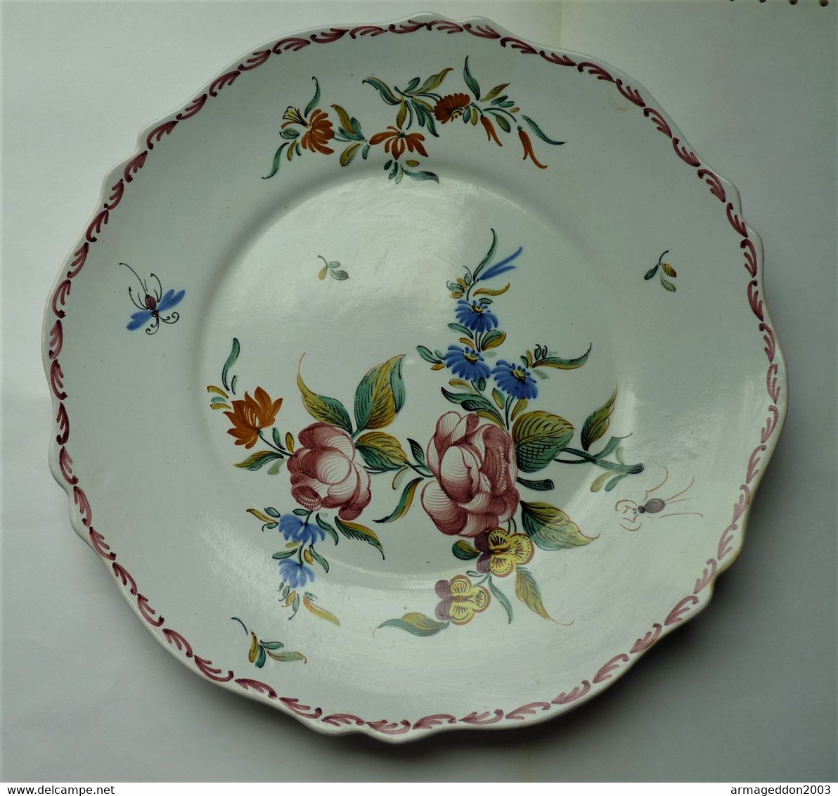 ANCIENNE BELLE ASSIETTE Signée TE (Teissier Emile) INSECTE FLEUR ESPRT V.PERRIN - Malicorne (FRA)