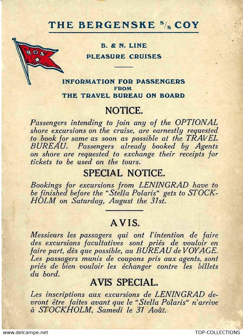 CROISIERE B.N.LINE 1935 Navire « Stella Polaris" Allemagne Russie Baltique Pays Baltes  Norvége Pologne FICHES ESCALES - Reclame